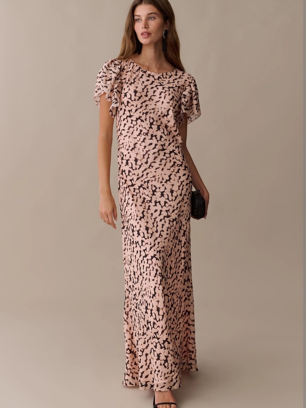 O.P.T. Leonor Blush Pink Printed Flutter-Sleeve Silk Maxi Dress